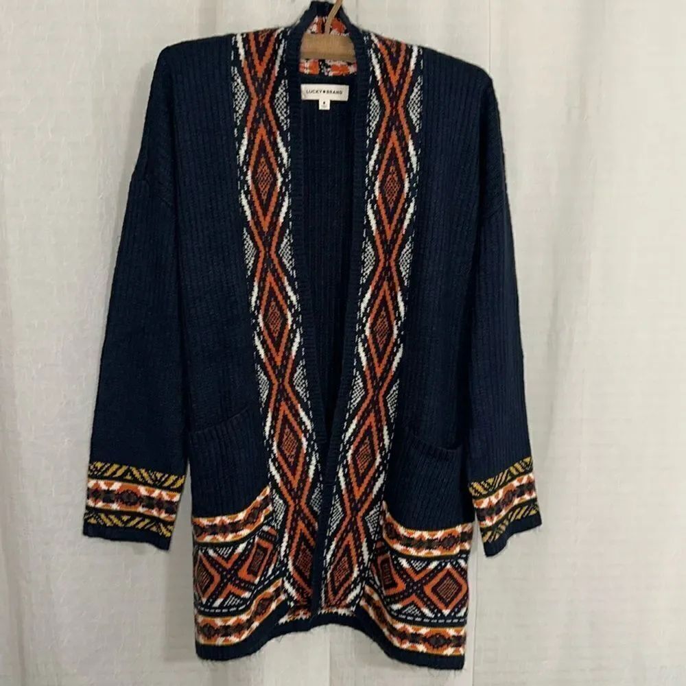 Lucky Brand Navy Orange White Gold Aztec Ribbed Knit Open Front Pocket Cardigan
